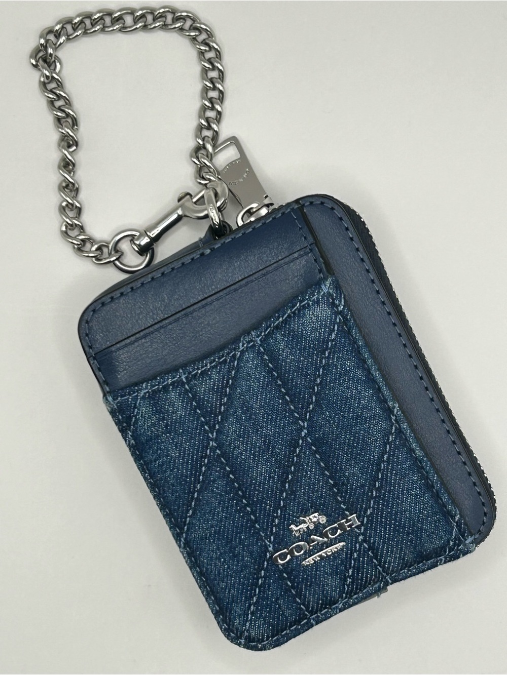Coach Quilted Denim Card Holder with Silver Chain - Blue